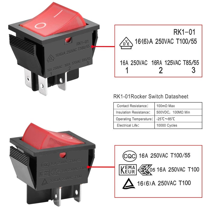 Heschen Rocker Switch ON-Off DPST 4 Terminals Red Light 16A 250VAC 2Pack - Image 3